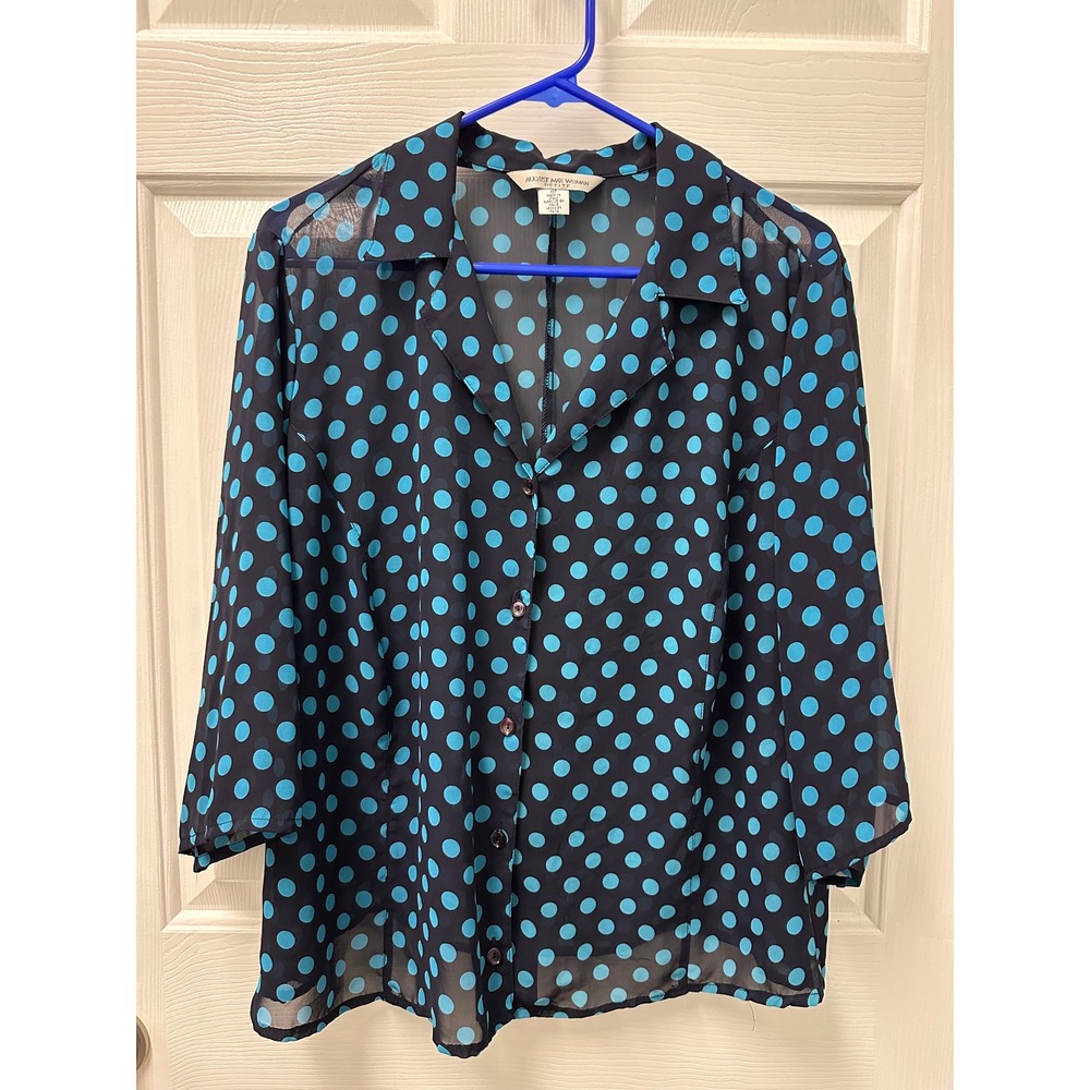 August Max Woman Petite 18 Navy Blue Polka Dot Sheer Has Hole Read As-Is